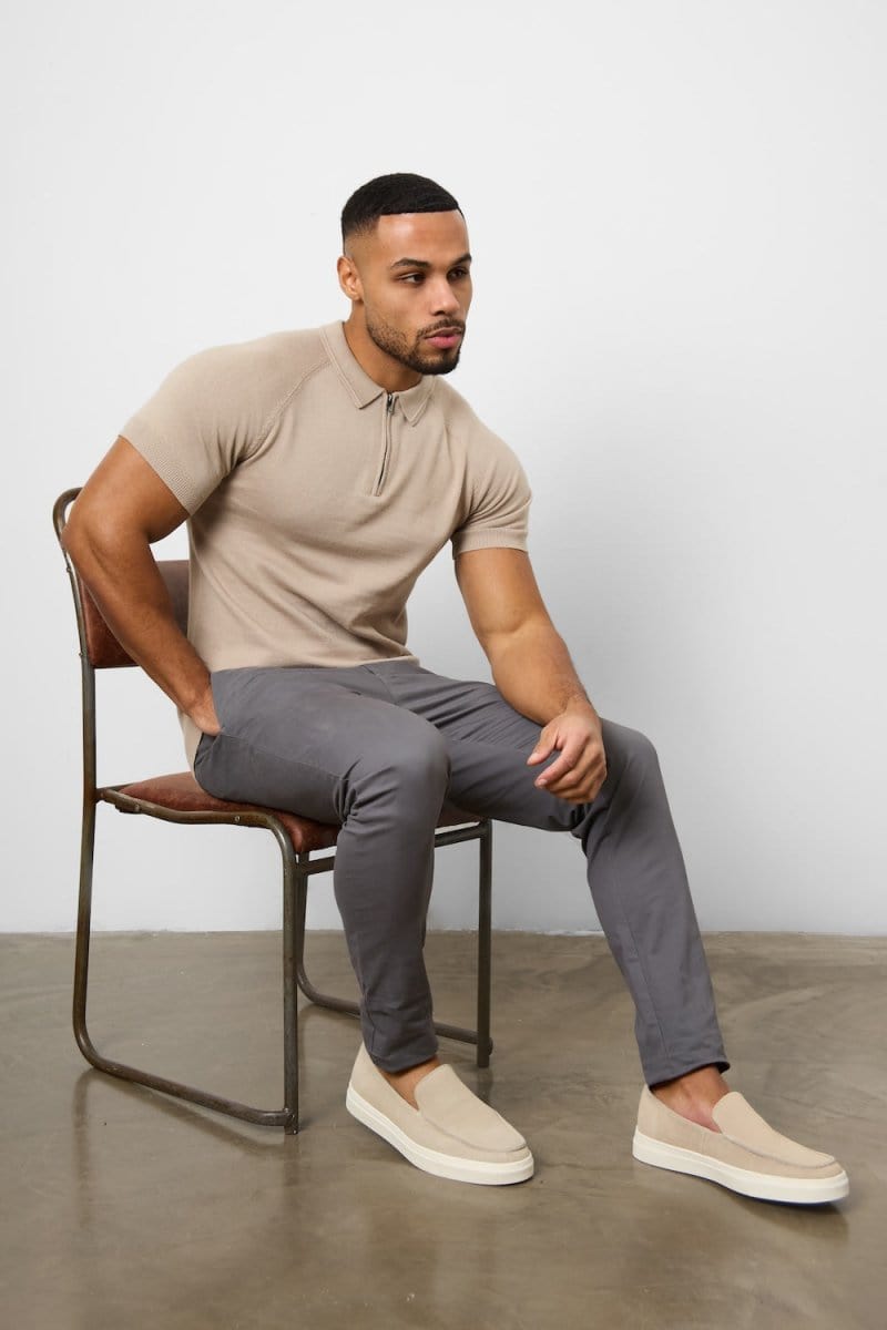 Knitted Zip Polo Shirt in Neutral - TAILORED ATHLETE - ROW