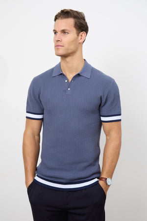 Colour Block Tipped Knitted Polo Shirt in Slate Blue - TAILORED ATHLETE - ROW