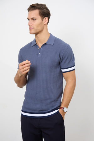 Colour Block Tipped Knitted Polo Shirt in Slate Blue - TAILORED ATHLETE - ROW