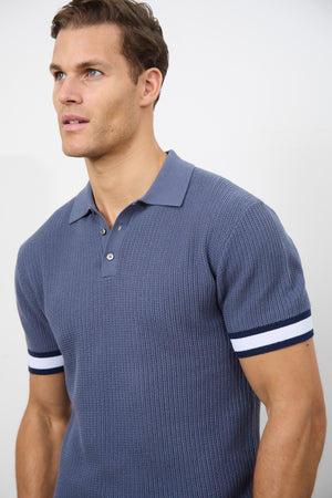 Colour Block Tipped Knitted Polo Shirt in Slate Blue - TAILORED ATHLETE - ROW