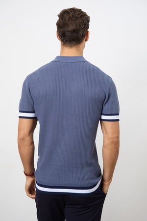 Colour Block Tipped Knitted Polo Shirt in Slate Blue - TAILORED ATHLETE - ROW