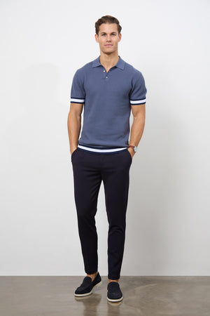 Colour Block Tipped Knitted Polo Shirt in Slate Blue - TAILORED ATHLETE - ROW