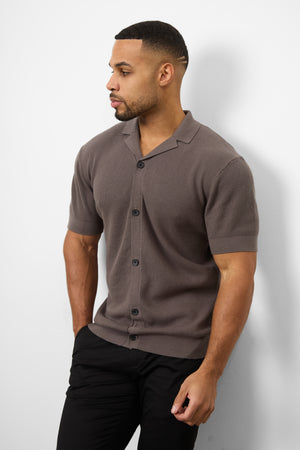 Knitted Cuban Collar Shirt in Dark Mole - TAILORED ATHLETE - ROW