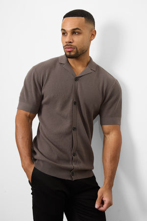 Knitted Cuban Collar Shirt in Dark Mole - TAILORED ATHLETE - ROW