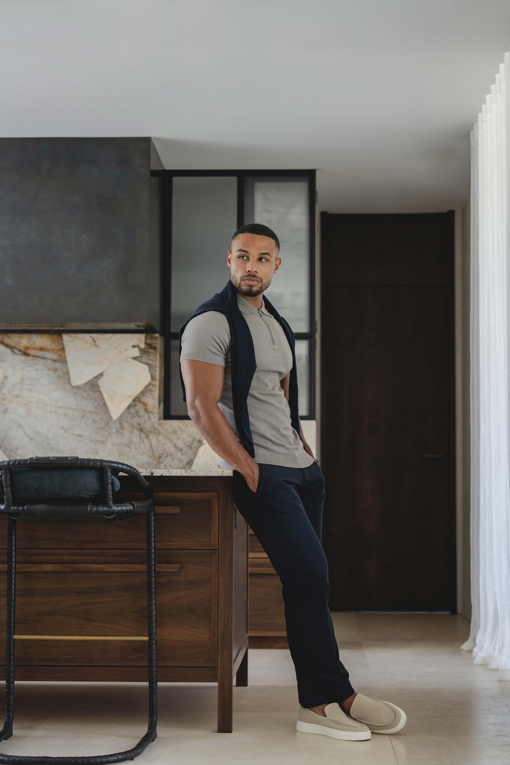 Knitted Half Zip Neck Polo in Dark Sage