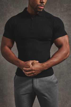 Knitted Half Zip Neck Polo in Black