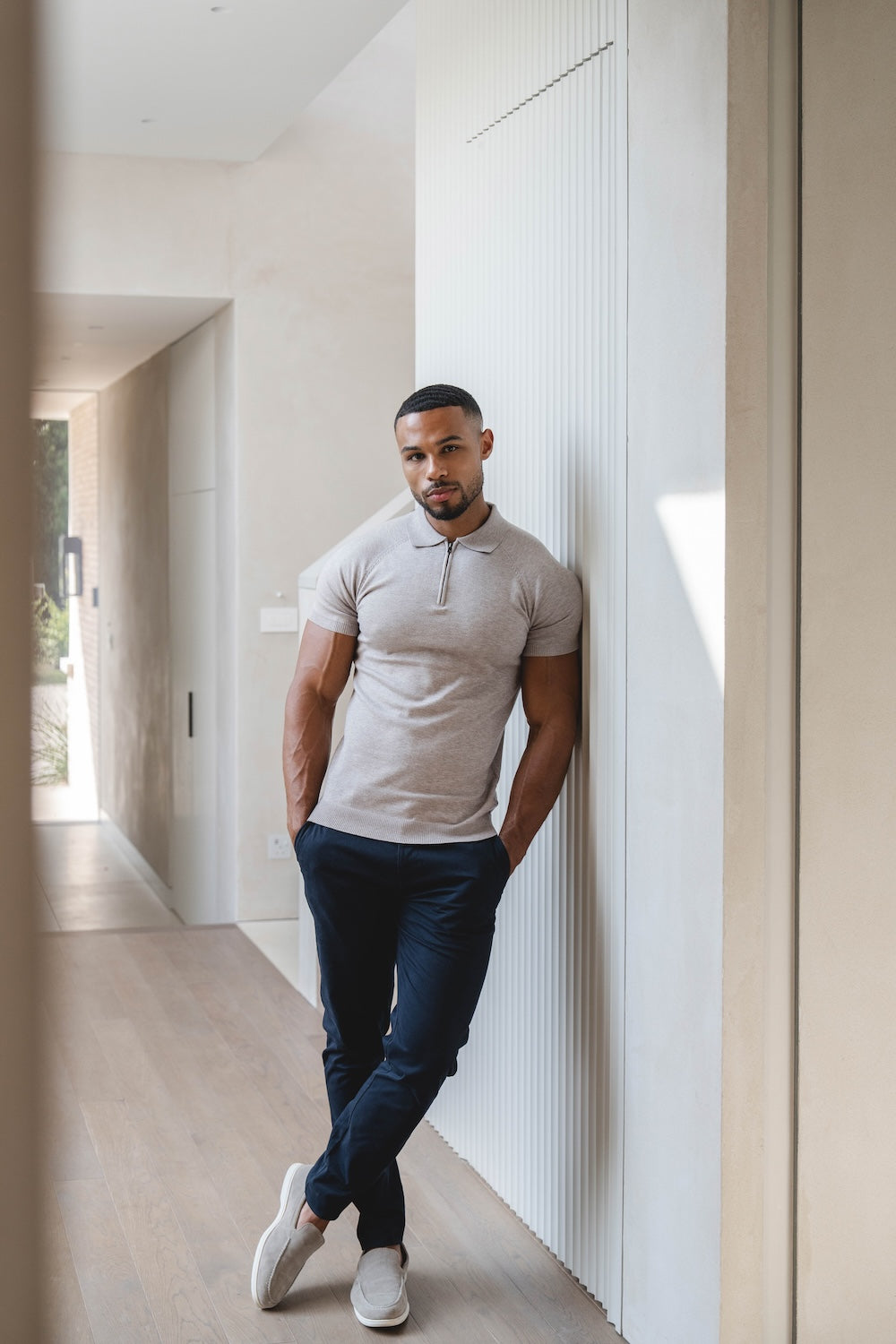 Knitted Half Zip Neck Polo in Oatmeal