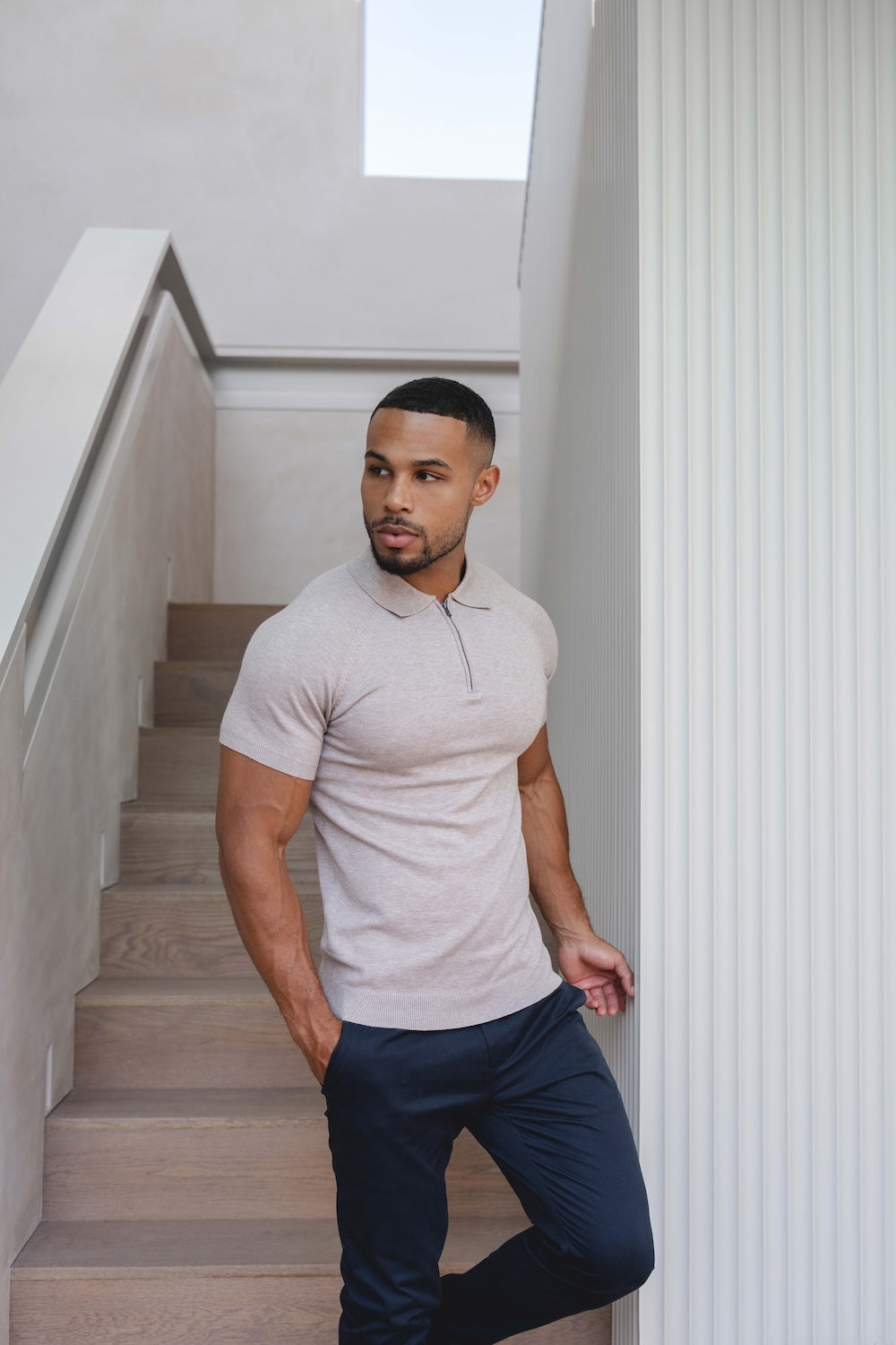 Knitted Half Zip Neck Polo in Oatmeal