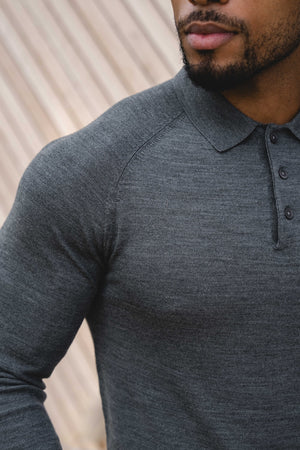 Extra Fine Merino Wool Polo Shirt in Charcoal Marl
