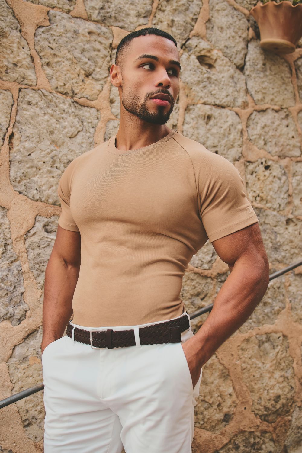 Knit Look T-Shirt in Tan