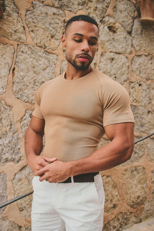 Knit Look T-Shirt in Tan