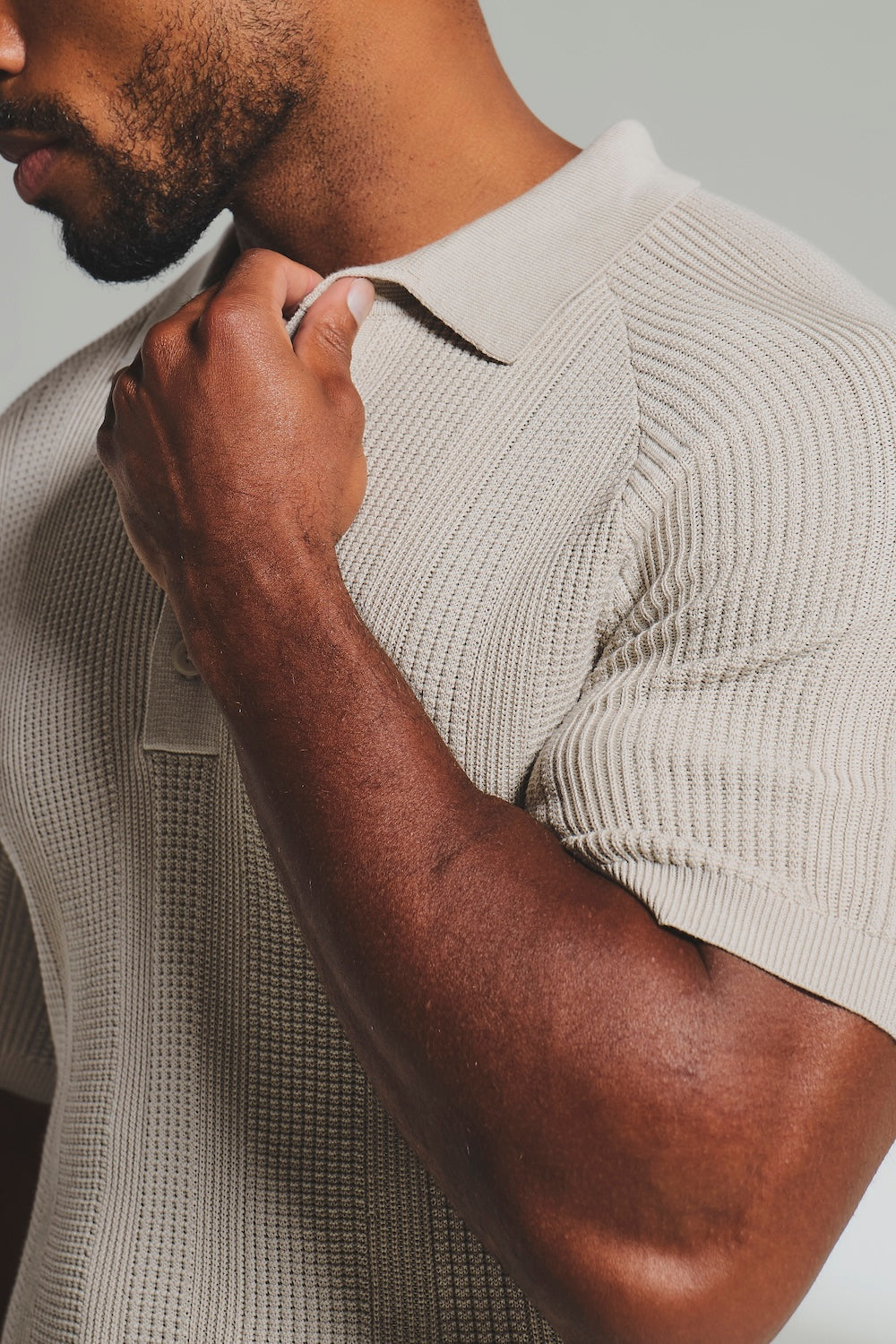 Vertical Stripe Knitted Polo Shirt in Stone