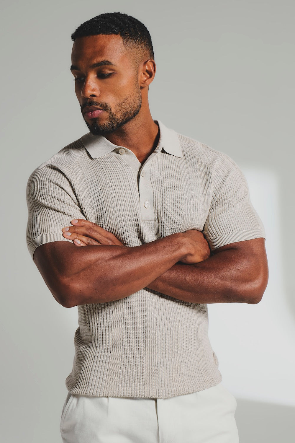 Vertical Stripe Knitted Polo Shirt in Stone