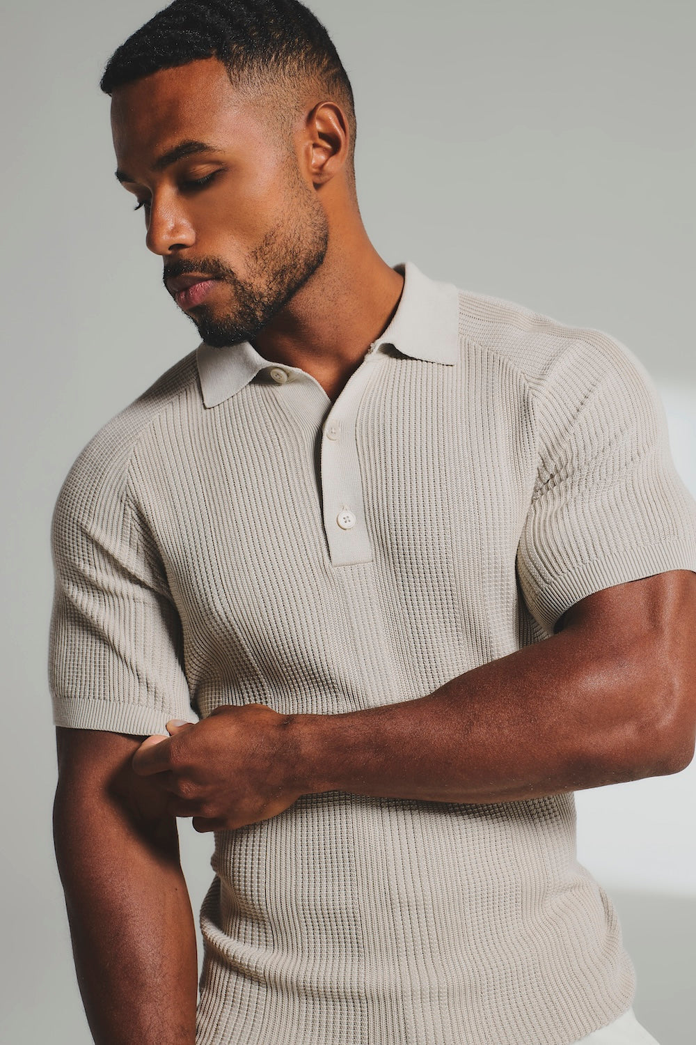 Vertical Stripe Knitted Polo Shirt in Stone
