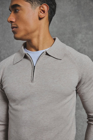 Knitted Half Zip Polo Shirt in Dark Oatmeal