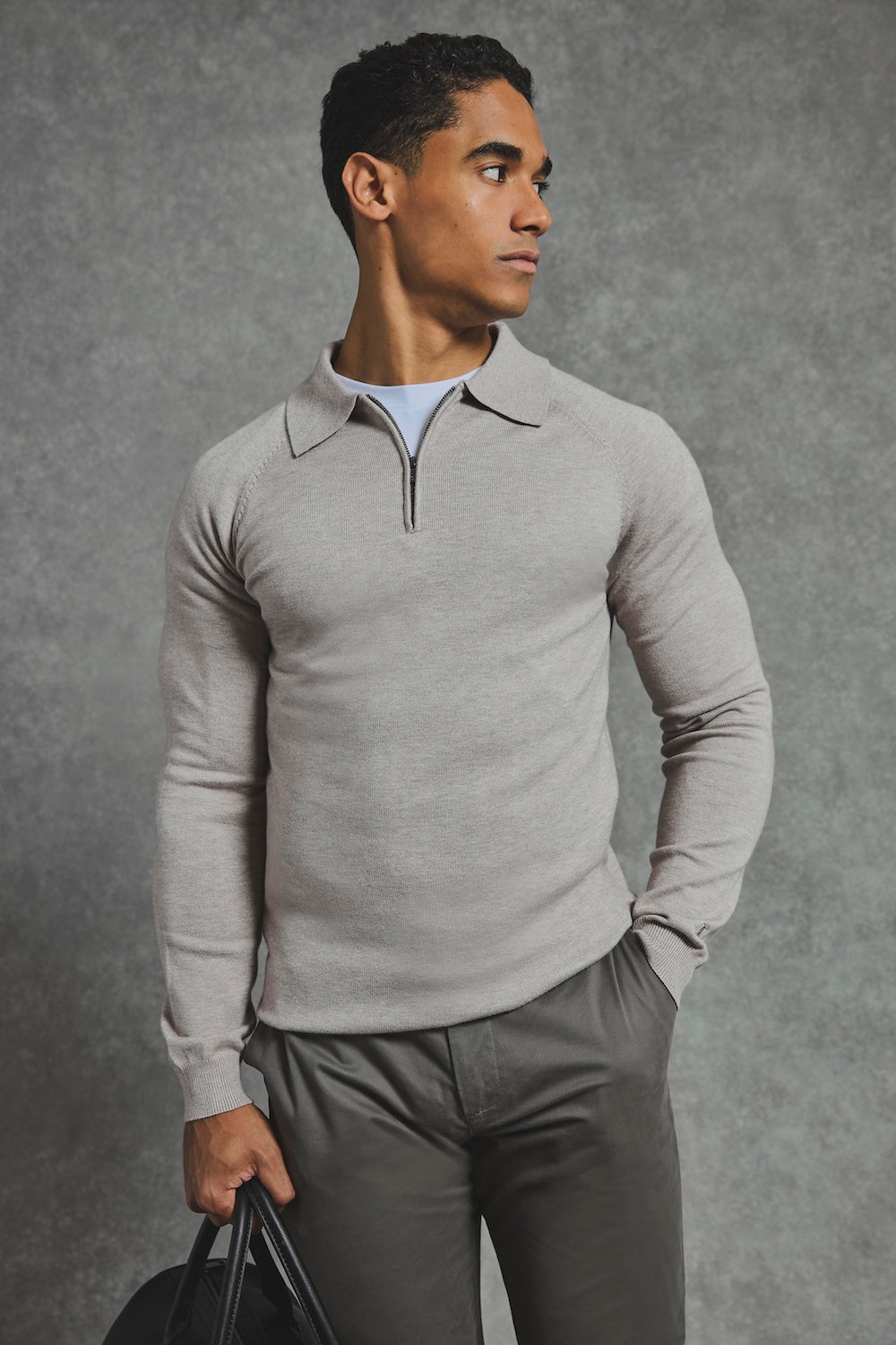 Knitted Half Zip Polo Shirt in Dark Oatmeal