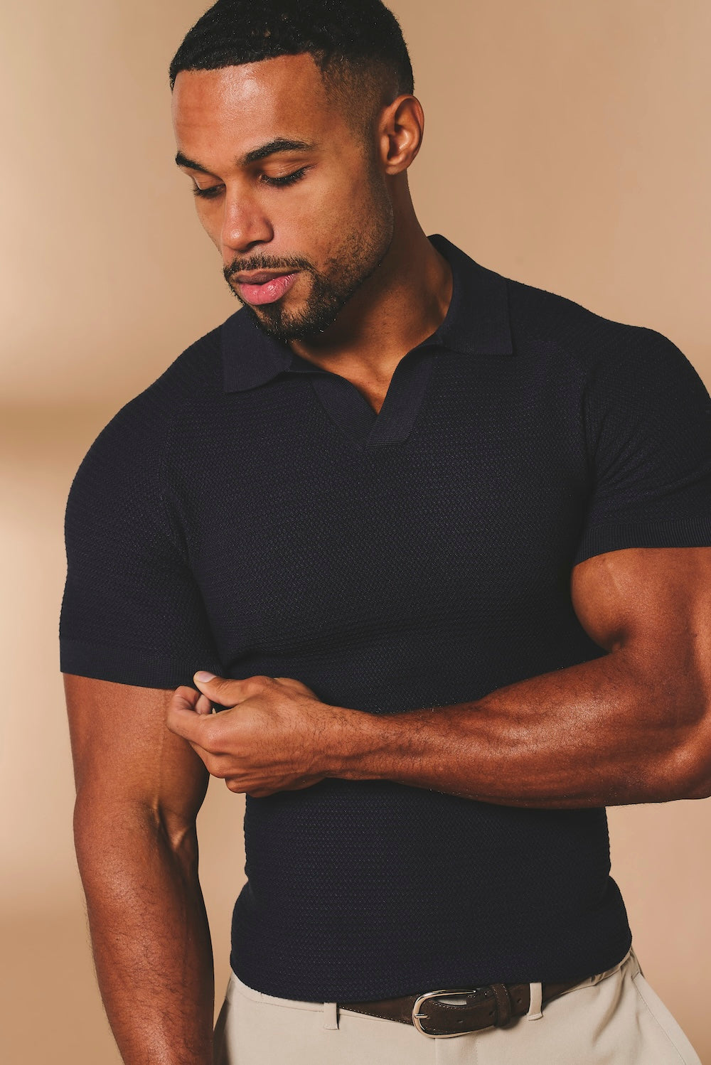 Textured Knitted Open Collar Polo Shirt in Navy