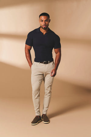 Textured Knitted Open Collar Polo Shirt in Navy