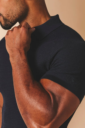 Textured Knitted Open Collar Polo Shirt in Navy