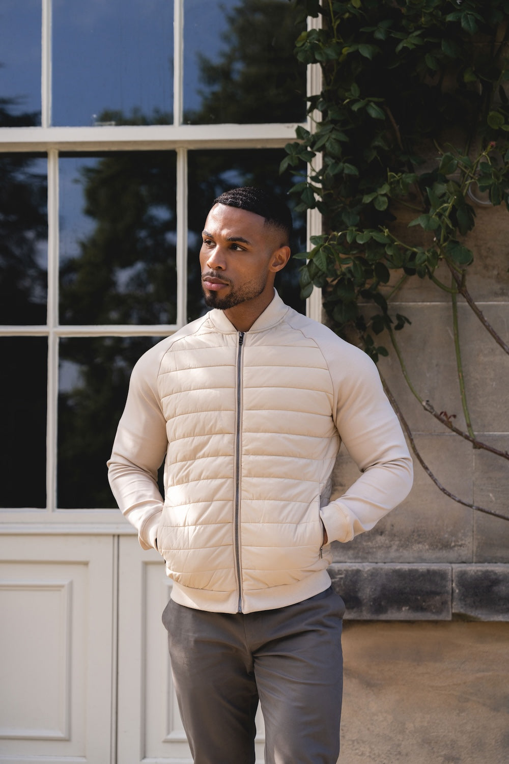 Quilted Hybrid Bomber Jacket in Neutral