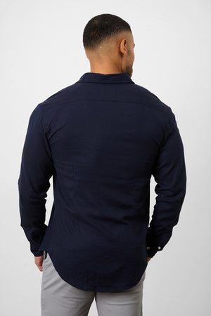 Linen Blend Button Through Shirt in Navy - TAILORED ATHLETE - ROW