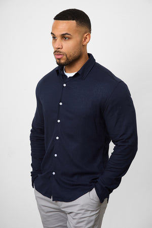 Linen Blend Button Through Shirt in Navy - TAILORED ATHLETE - ROW