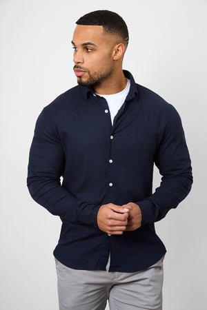 Linen Blend Button Through Shirt in Navy - TAILORED ATHLETE - ROW