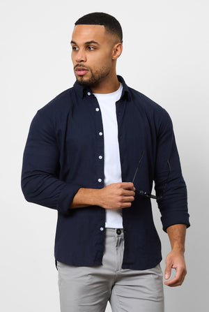 Linen Blend Button Through Shirt in Navy - TAILORED ATHLETE - ROW