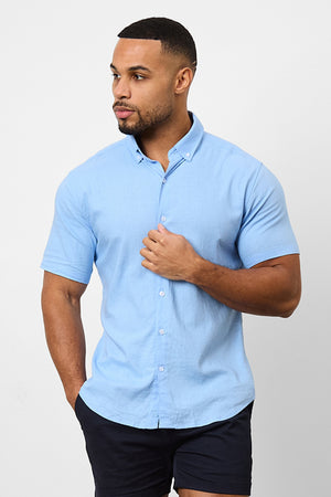 Linen Blend Button Through Shirt in Sky Blue - TAILORED ATHLETE - ROW