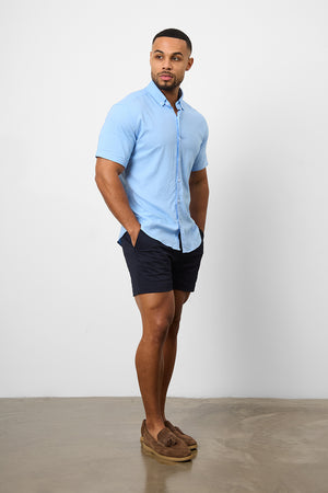 Linen Blend Button Through Shirt in Sky Blue - TAILORED ATHLETE - ROW