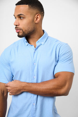 Linen Blend Button Through Shirt in Sky Blue - TAILORED ATHLETE - ROW