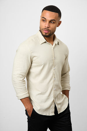 Linen Blend Button Through Shirt in Stone - TAILORED ATHLETE - ROW