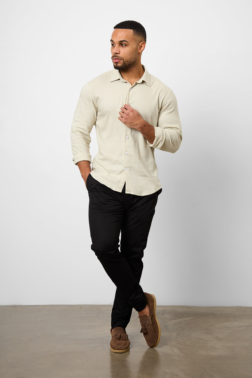 Linen Blend Button Through Shirt in Stone - TAILORED ATHLETE - ROW