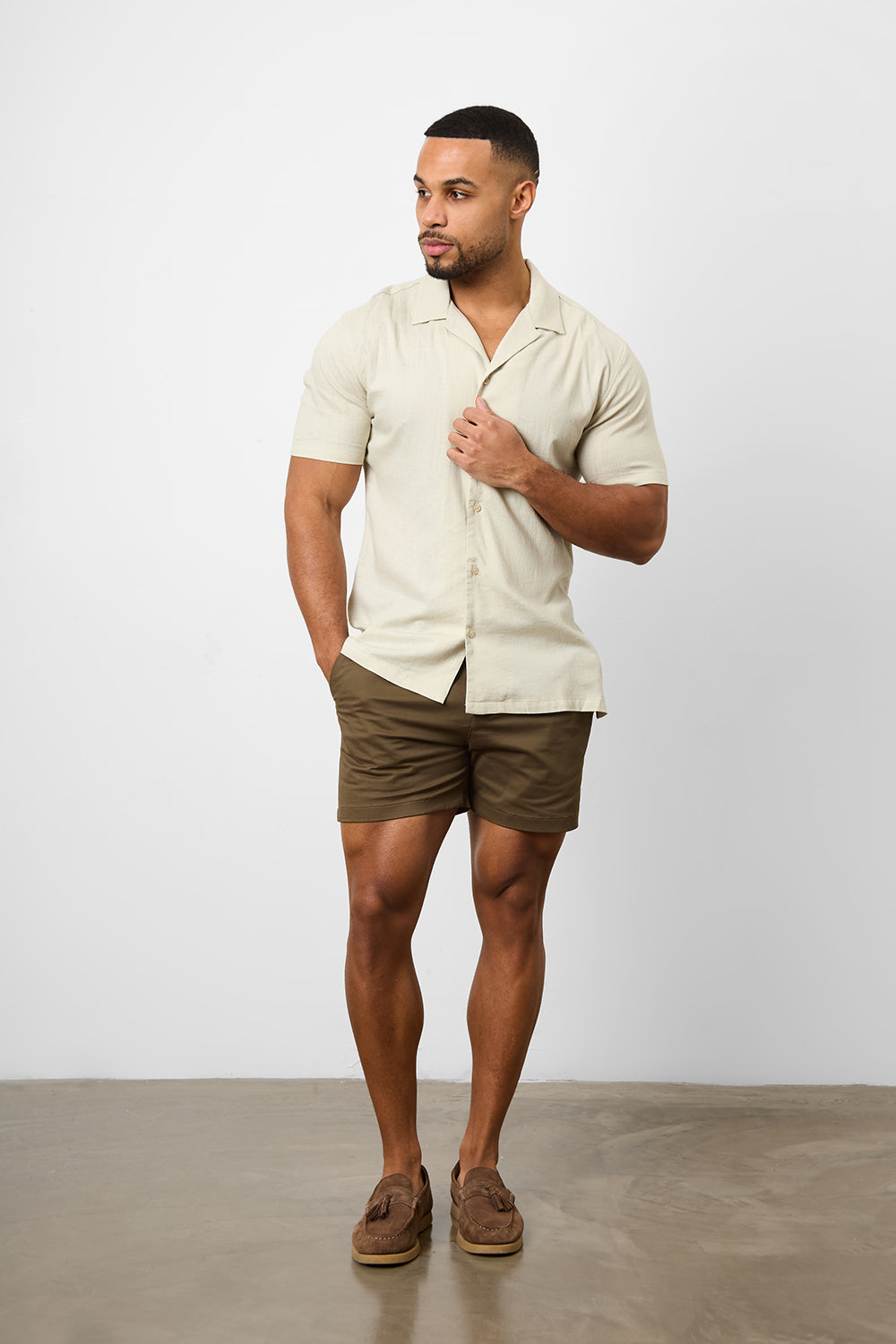 Linen Blend Cuban Collar Shirt in Stone - TAILORED ATHLETE - ROW