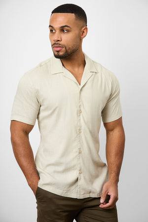 Linen Blend Cuban Collar Shirt in Stone - TAILORED ATHLETE - ROW