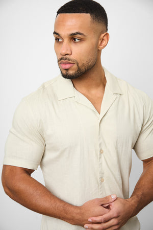 Linen Blend Cuban Collar Shirt in Stone - TAILORED ATHLETE - ROW