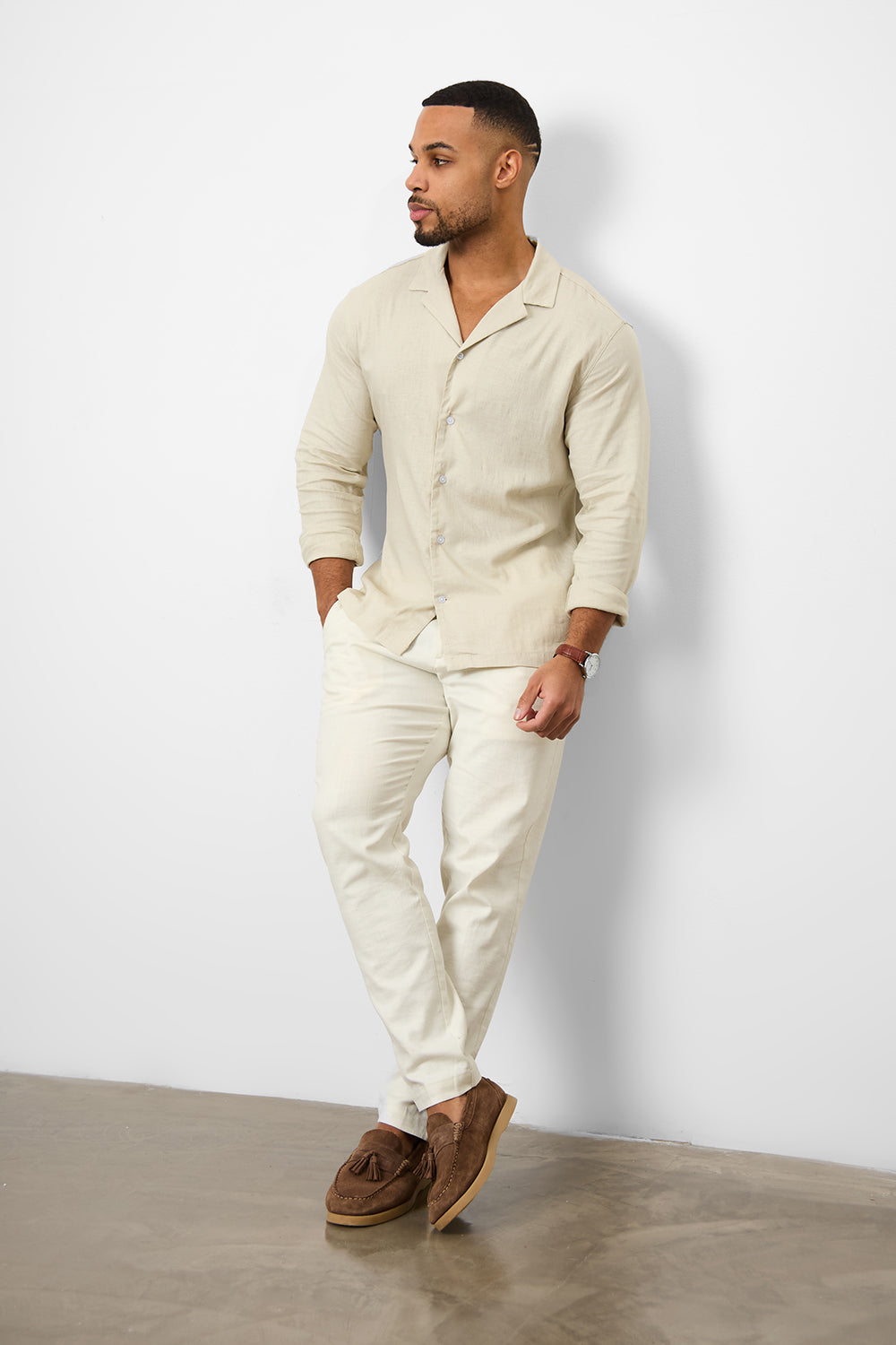 Linen Blend Cuban Collar Shirt in Stone - TAILORED ATHLETE - ROW