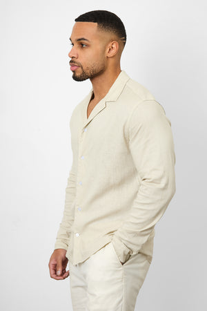 Linen Blend Cuban Collar Shirt in Stone - TAILORED ATHLETE - ROW