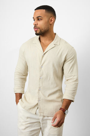 Linen Blend Cuban Collar Shirt in Stone - TAILORED ATHLETE - ROW