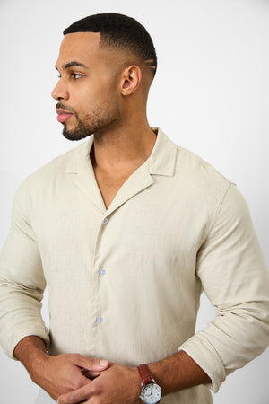 Linen Blend Cuban Collar Shirt in Stone - TAILORED ATHLETE - ROW