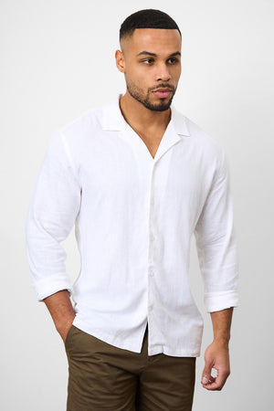 Linen Blend Cuban Collar Shirt in White - TAILORED ATHLETE - ROW