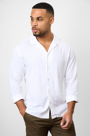 Linen Blend Cuban Collar Shirt in White - TAILORED ATHLETE - ROW