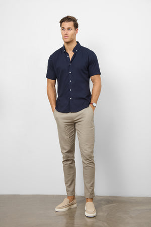 Linen Blend Button Through Shirt in Navy - TAILORED ATHLETE - ROW