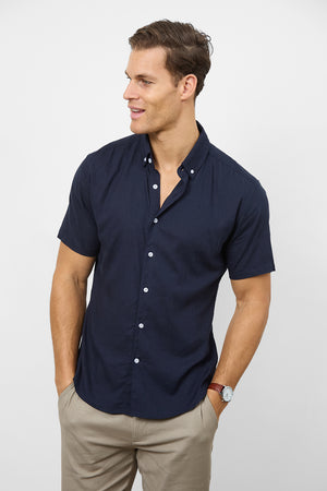 Linen Blend Button Through Shirt in Navy - TAILORED ATHLETE - ROW