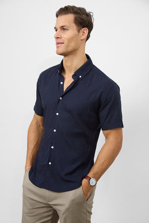 Linen Blend Button Through Shirt in Navy - TAILORED ATHLETE - ROW