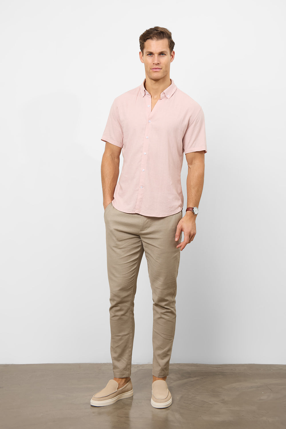 Linen Blend Button Through Shirt in Pink - TAILORED ATHLETE - ROW