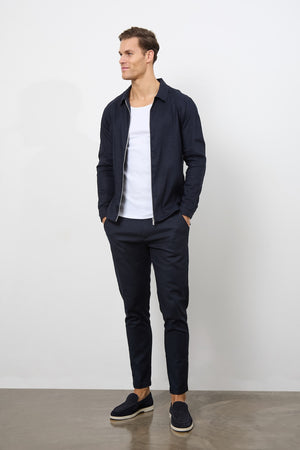 Linen Blend Zip Through Jacket in Navy - TAILORED ATHLETE - ROW