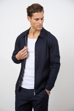 Linen Blend Zip Through Jacket in Navy - TAILORED ATHLETE - ROW