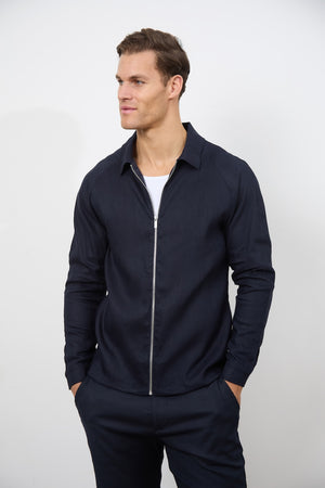 Linen Blend Zip Through Jacket in Navy - TAILORED ATHLETE - ROW