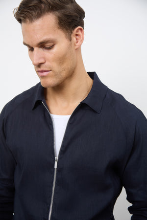 Linen Blend Zip Through Jacket in Navy - TAILORED ATHLETE - ROW